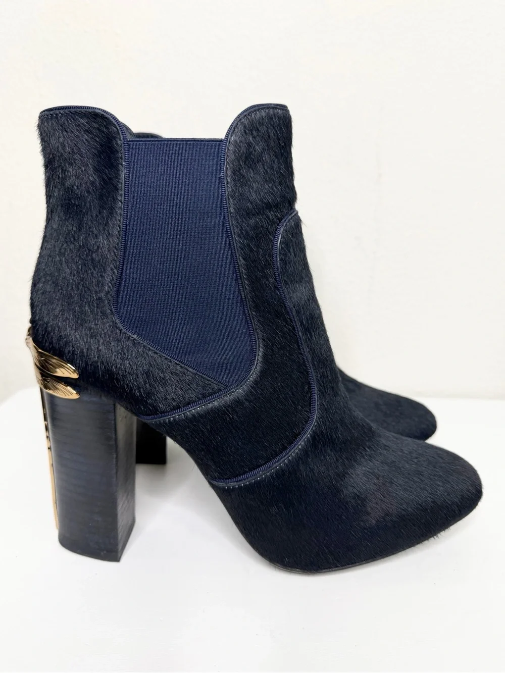 Tory Burch Theodora Gold Dragonfly Blue Ankle Boots Pony Hair Booties Size 10.5